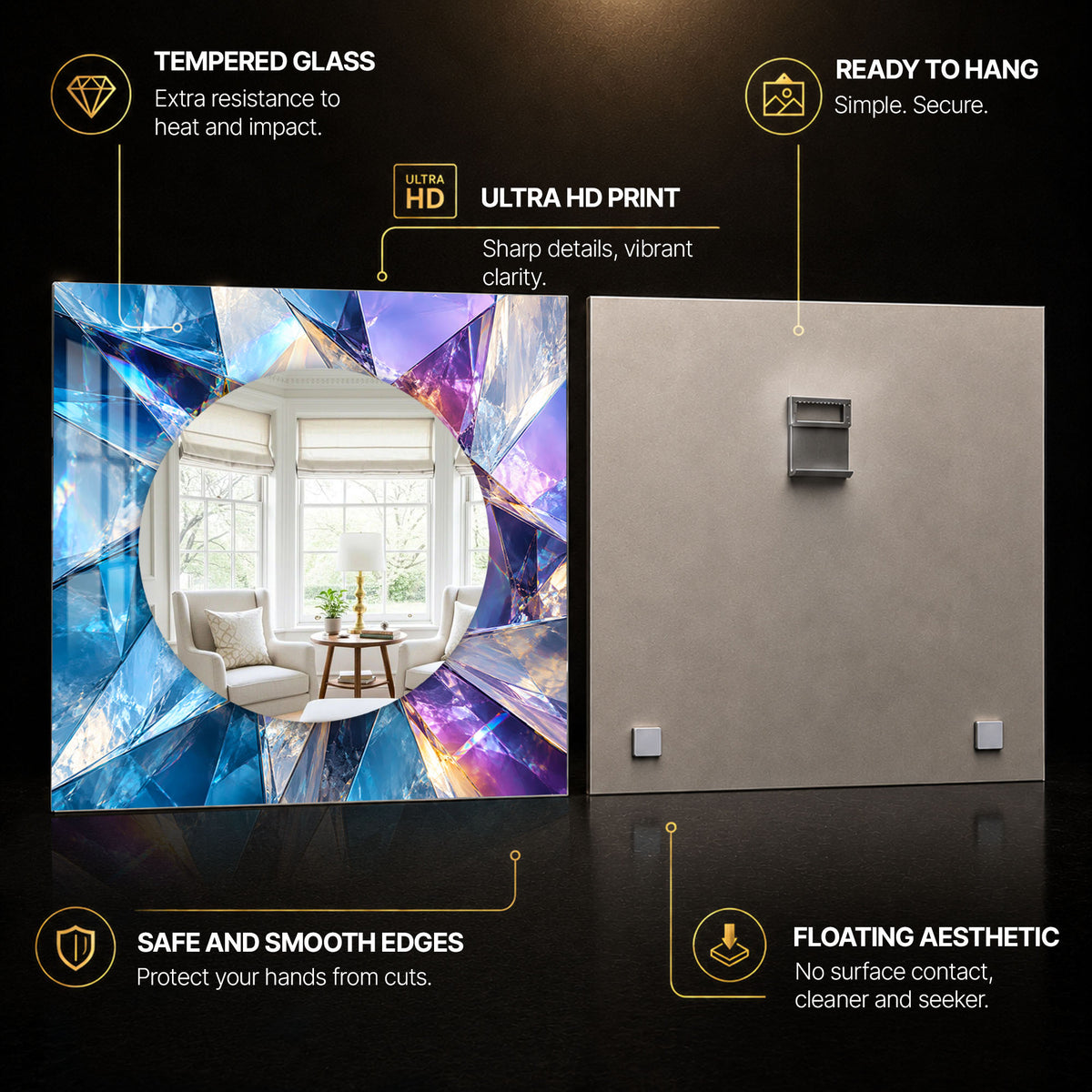 Prismatic Crystal Halo — tempered glass, ultra HD print, ready to hang
