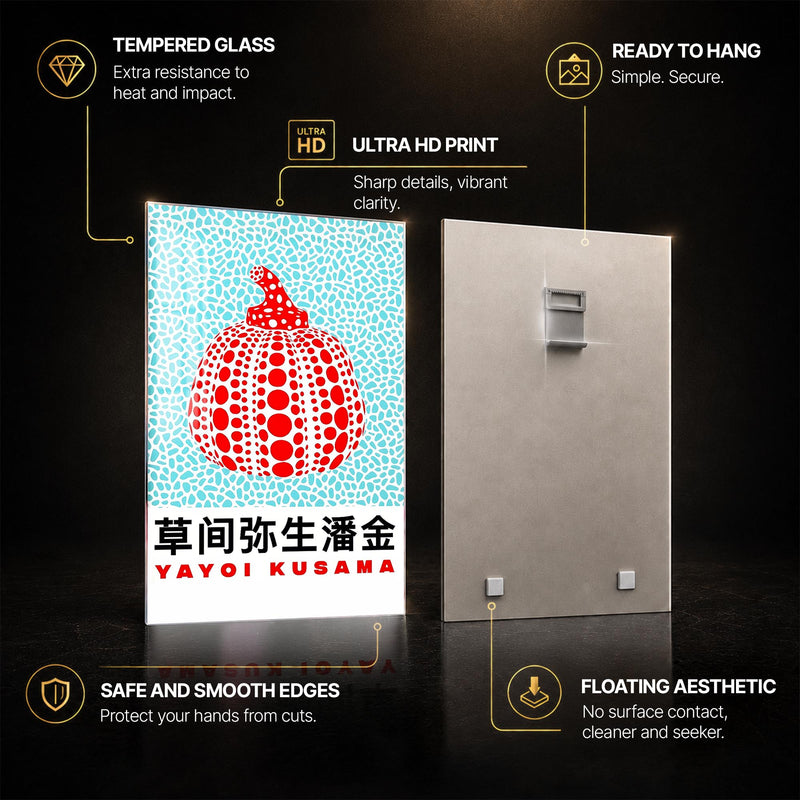 Kusama Dotted Pumpkin — tempered glass, ultra HD print, ready to hang