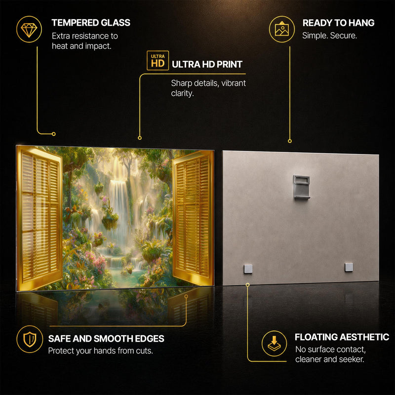 Golden Paradise Falls — tempered glass, ultra HD print, ready to hang