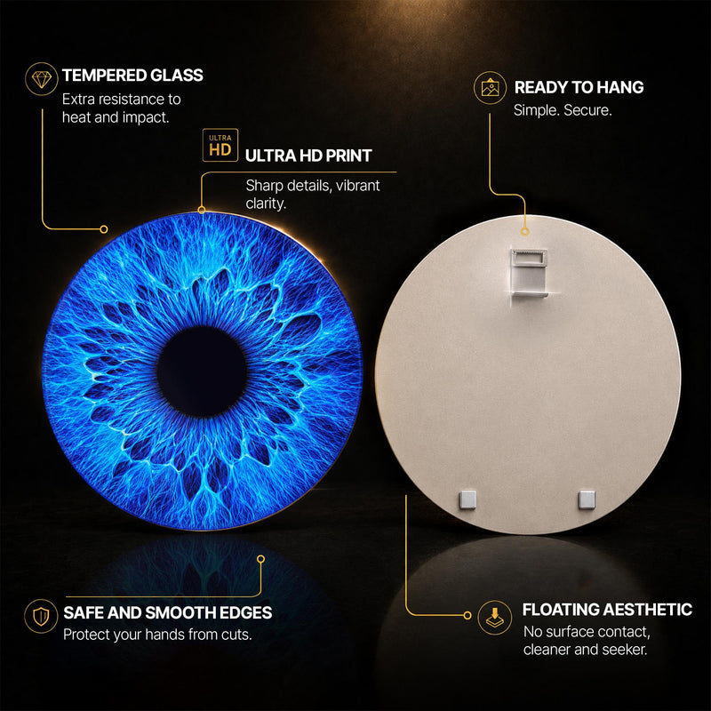 Electric Blue Iris — tempered glass, ultra HD print, ready to hang