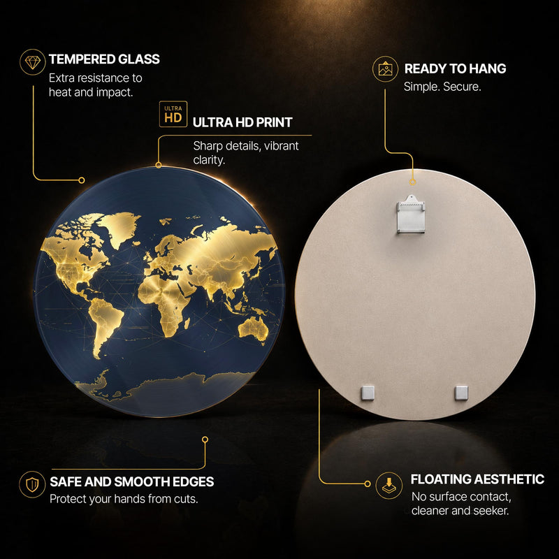 Golden World Connections — tempered glass, ultra HD print, ready to hang