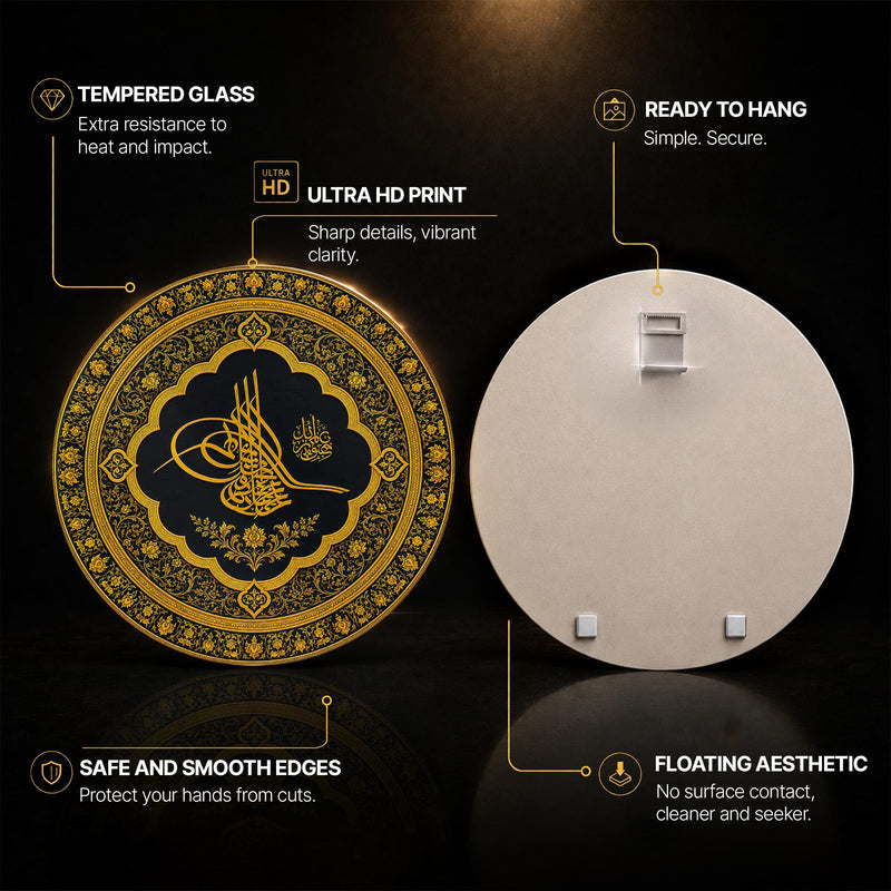 Golden Ottoman Calligraphy — tempered glass, ultra HD print, ready to hang
