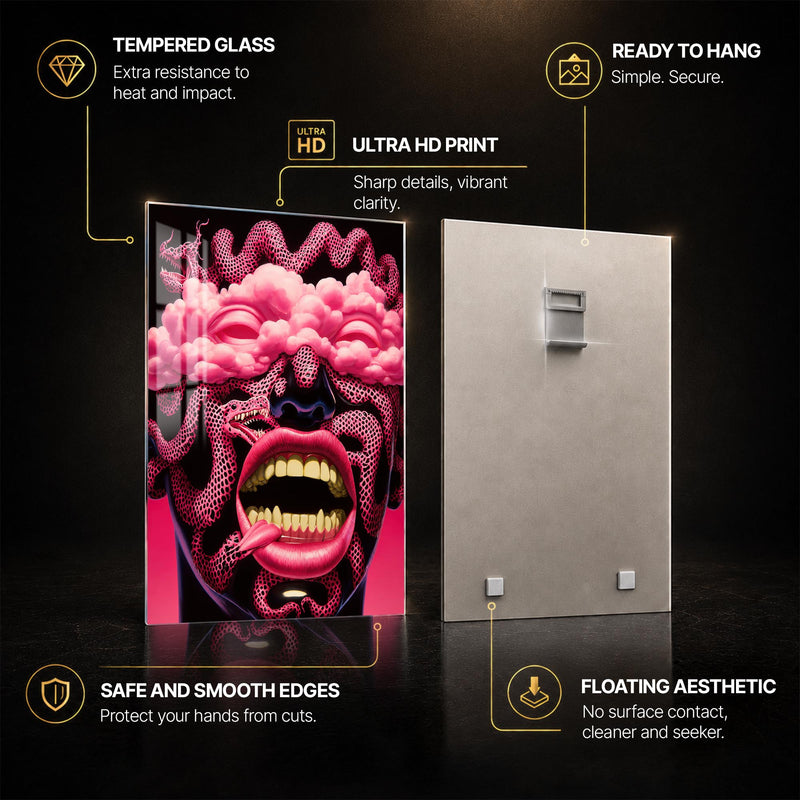 Neon Serpent Dream — tempered glass, ultra HD print, ready to hang