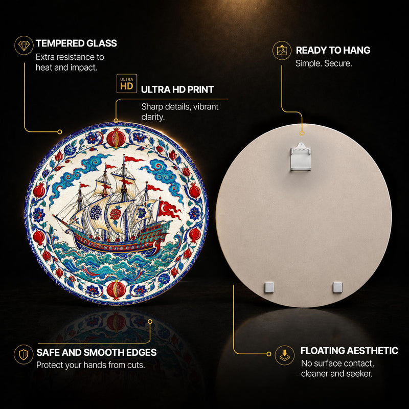 Ottoman Sailing Ship — tempered glass, ultra HD print, ready to hang