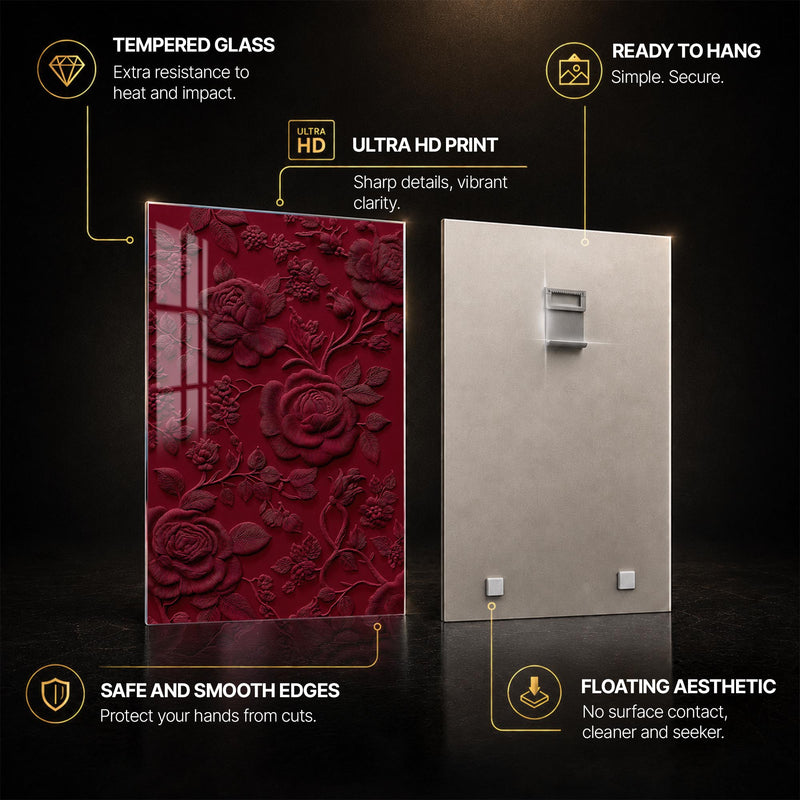 Crimson Rose Relief — tempered glass, ultra HD print, ready to hang