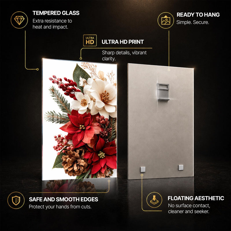 Festive Poinsettia Bouquet — tempered glass, ultra HD print, ready to hang