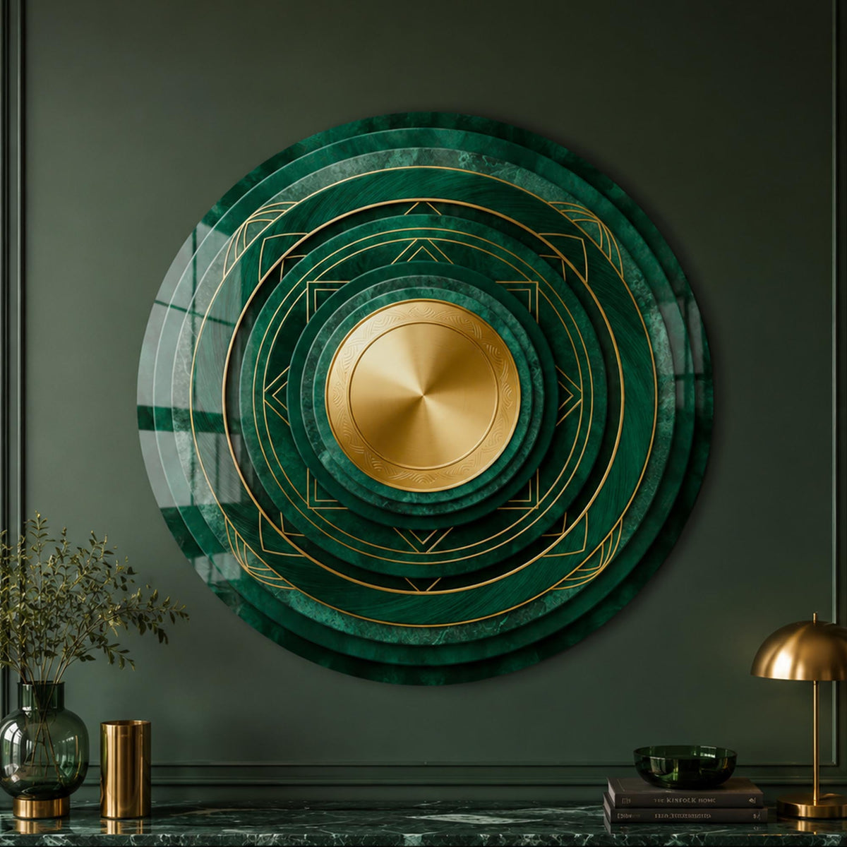 Emerald Geometric Halo — tempered glass, ultra HD print, ready to hang