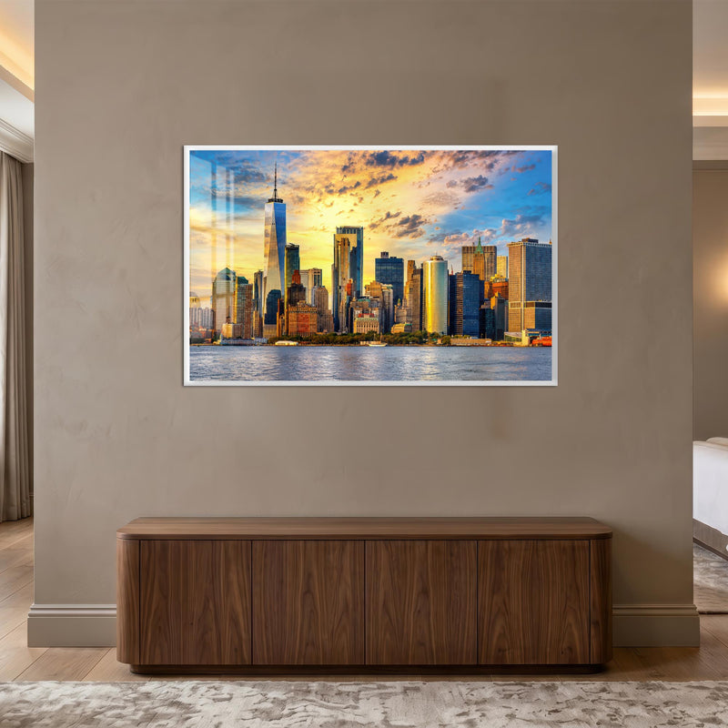 Manhattan Golden Skyline with white frame