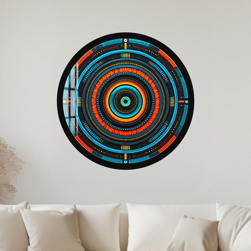Neon Circuit Mandala with black frame