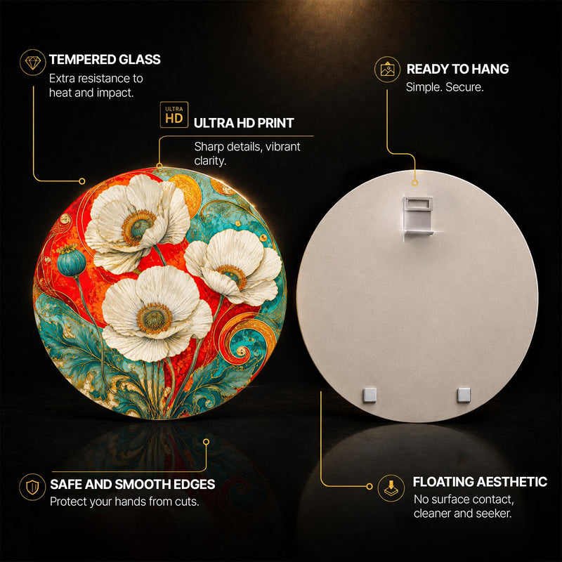 Gilded Poppy Symphony — tempered glass, ultra HD print, ready to hang