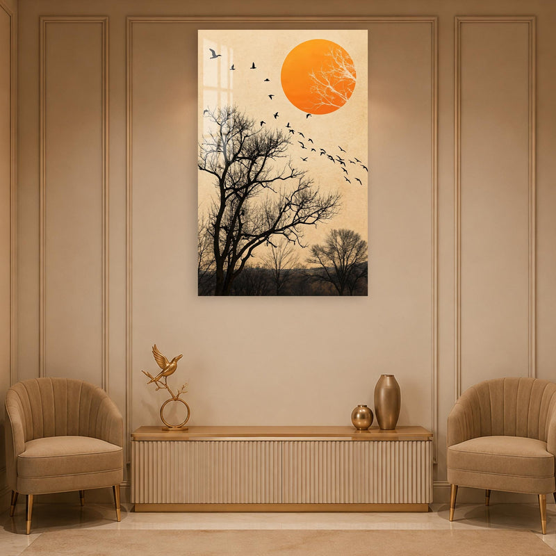 Artronauts Glass Print Birds Across Orange Sun Glass Wall Art