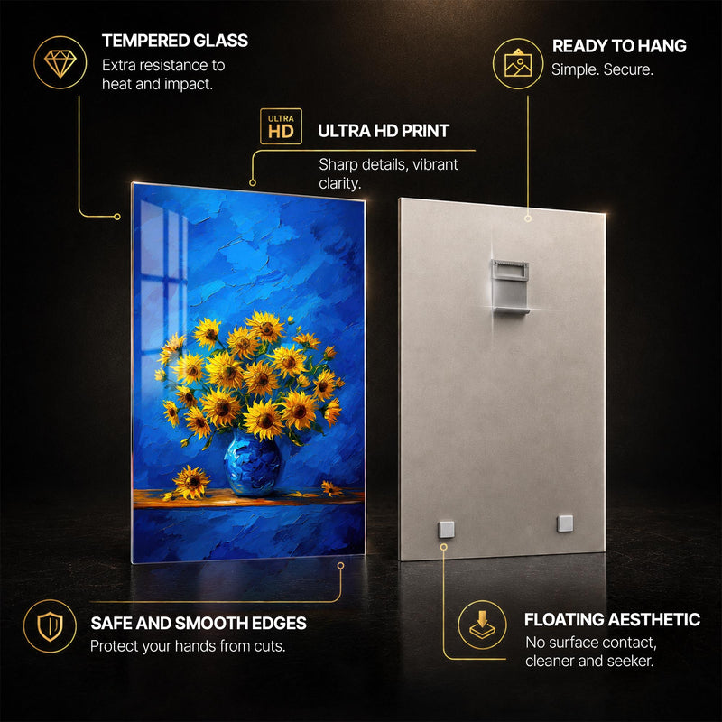 Sunflowers In Blue — tempered glass, ultra HD print, ready to hang