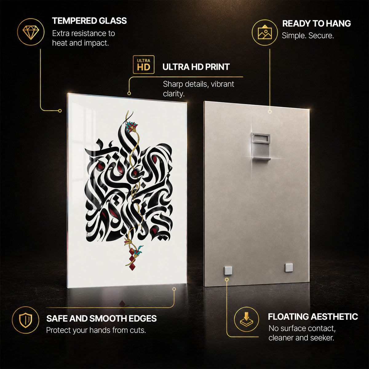 Flourishing Arabic Calligraphy — tempered glass, ultra HD print, ready to hang