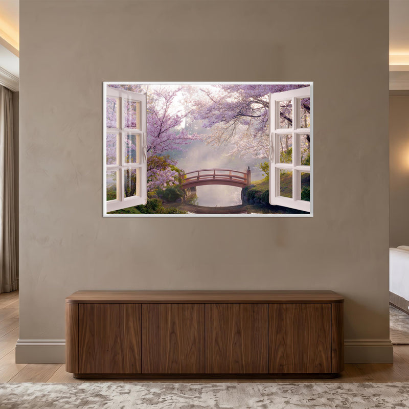 Cherry Blossom Window with white frame