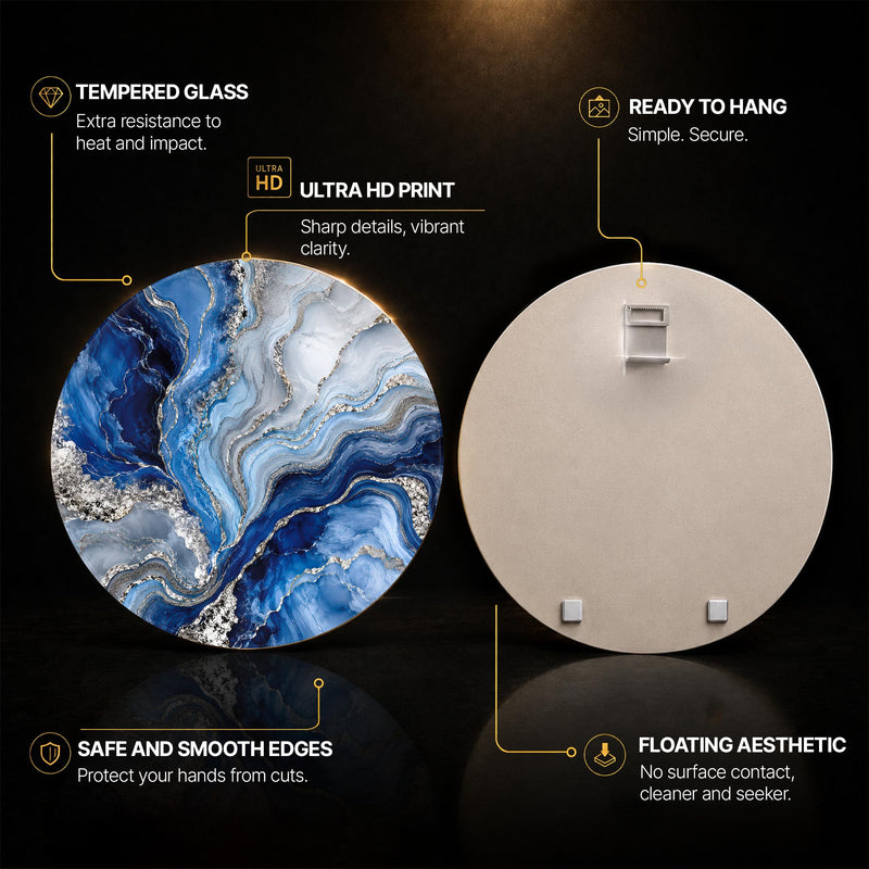 Sapphire Marble Flow — tempered glass, ultra HD print, ready to hang