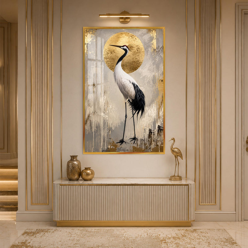 Crane Before Golden Sun with gold frame