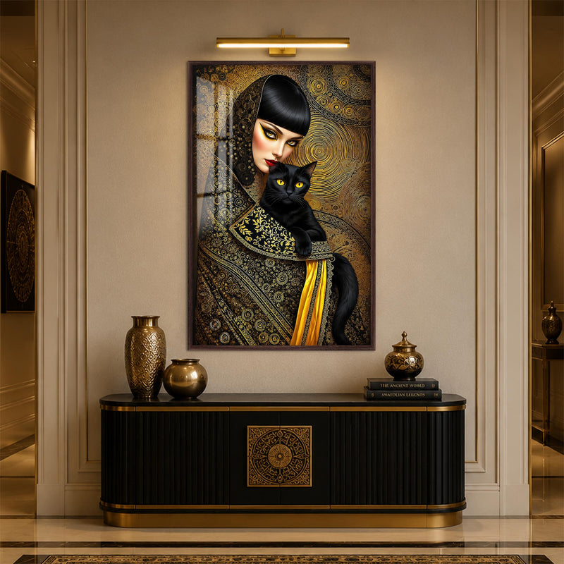 Golden Feline Muse with walnut frame