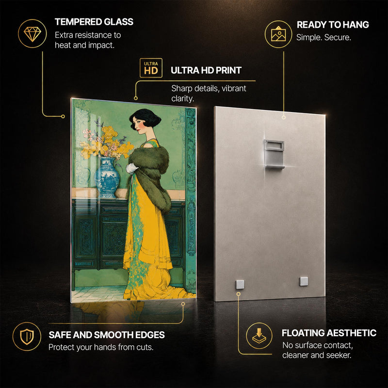 Golden Gown Elegance — tempered glass, ultra HD print, ready to hang