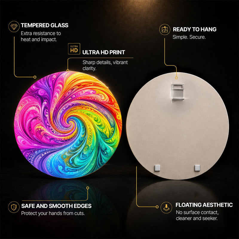 Rainbow Paisley Vortex — tempered glass, ultra HD print, ready to hang