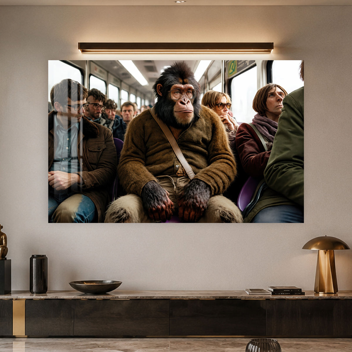 Chimpanzee Train Commuter in a modern room