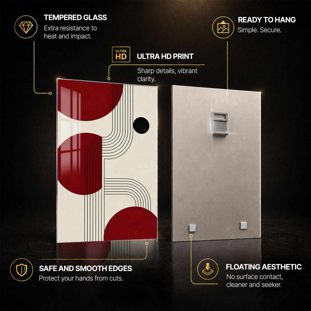 Crimson Curve — tempered glass, ultra HD print, ready to hang