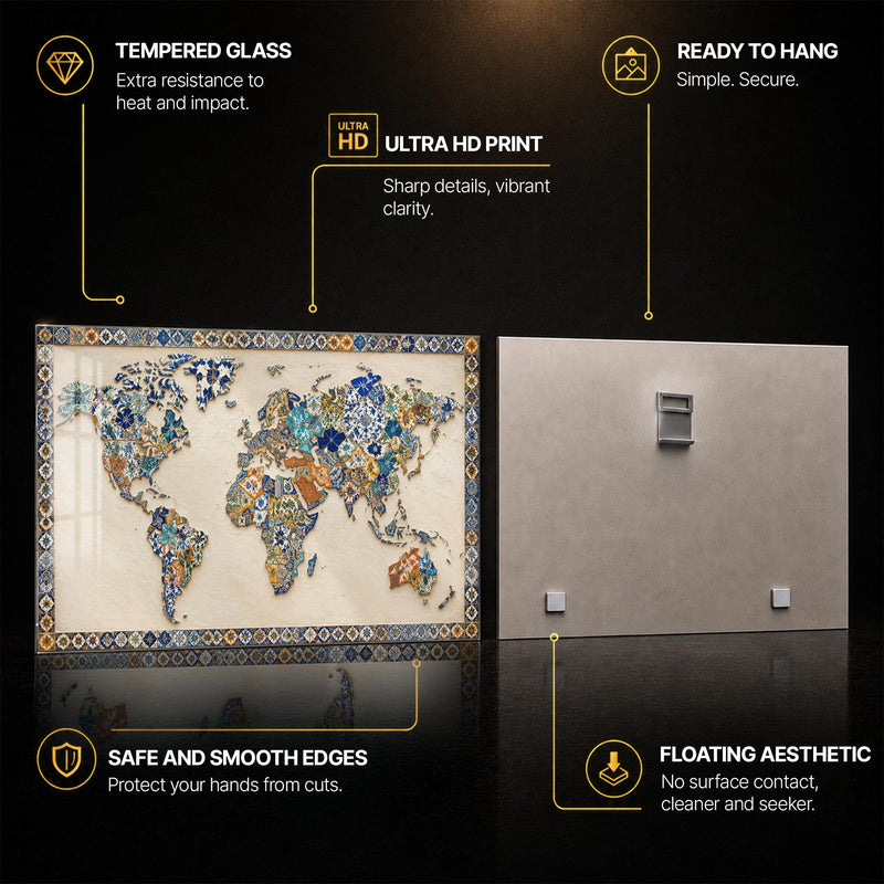 Mosaic World Map — tempered glass, ultra HD print, ready to hang
