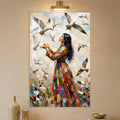 Woman Among Flying Birds in a modern room