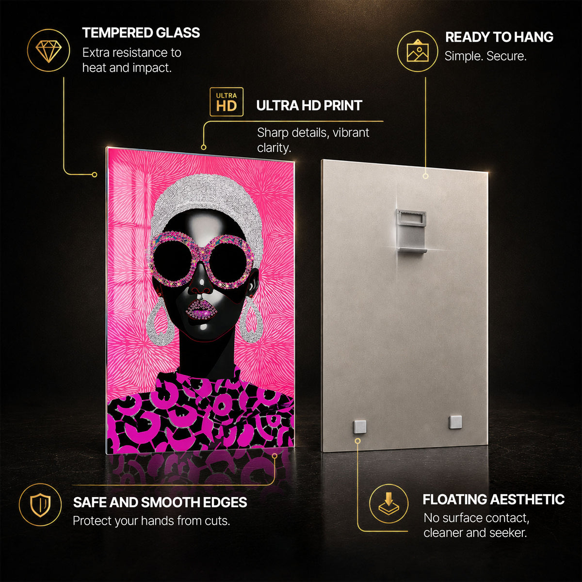 Pink Crystal Diva — tempered glass, ultra HD print, ready to hang