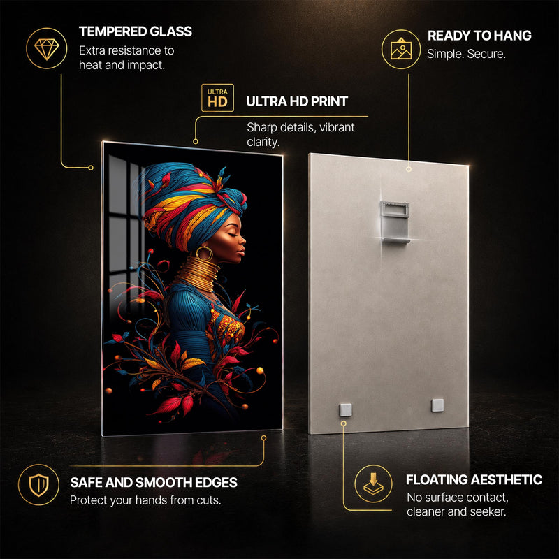 Regal African Muse — tempered glass, ultra HD print, ready to hang