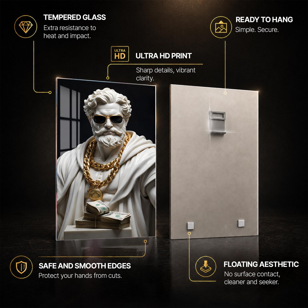 Modern Marble Tycoon — tempered glass, ultra HD print, ready to hang