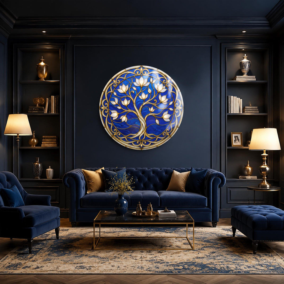 Sapphire Blossom Tree — tempered glass, ultra HD print, ready to hang