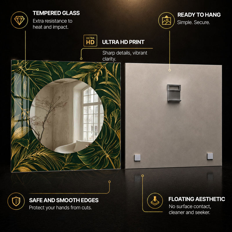 Emerald Botanical Elegance — tempered glass, ultra HD print, ready to hang