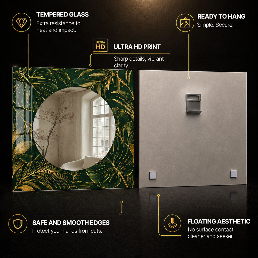 Emerald Botanical Elegance — tempered glass, ultra HD print, ready to hang