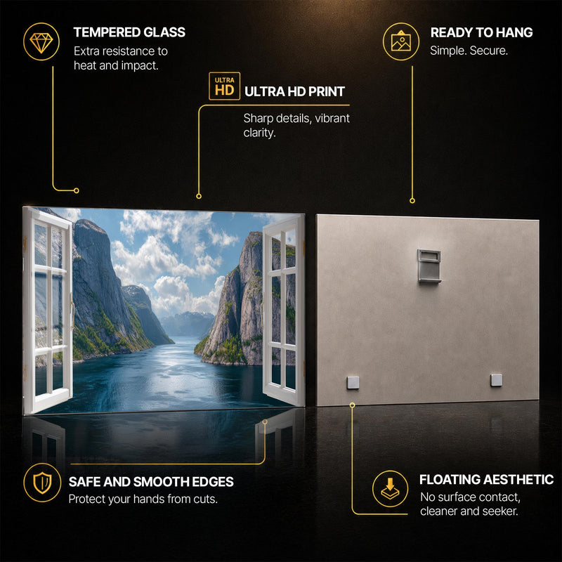 Open Window Fjord — tempered glass, ultra HD print, ready to hang