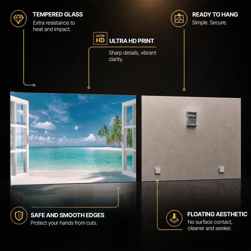 Tropical Window Escape — tempered glass, ultra HD print, ready to hang