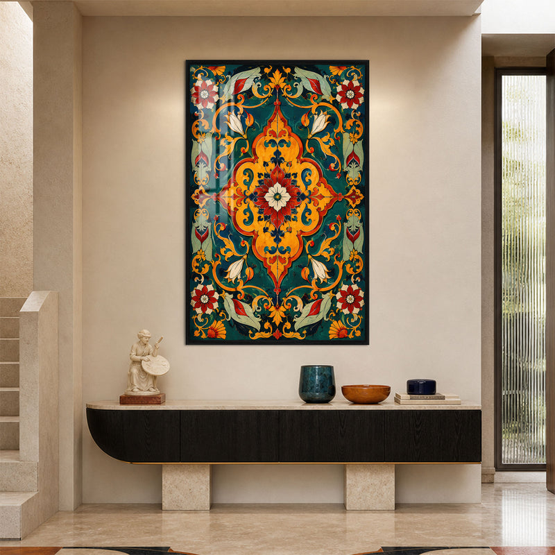 Artronauts Glass Print 12x18 cm | 4.7"x7.1" / Black Emerald Floral Medallion Glass Wall Art