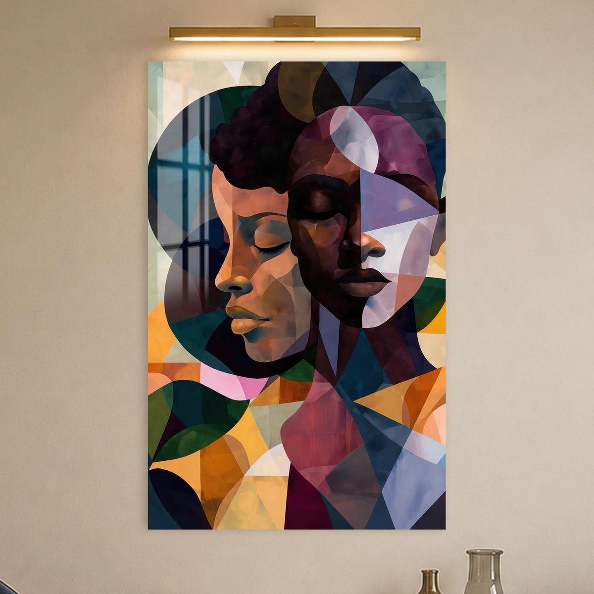 Geometric African Faces in a modern room