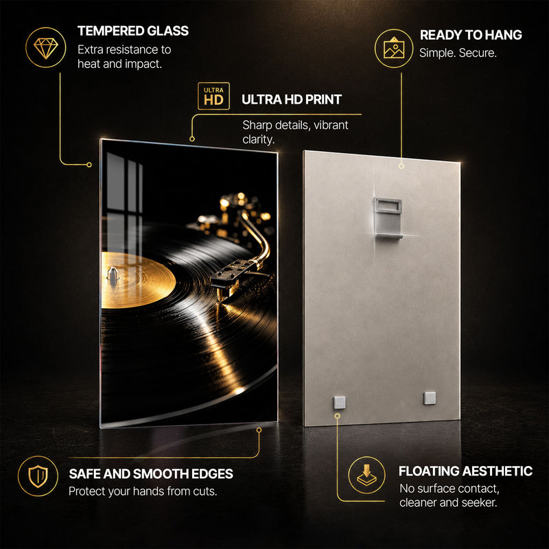 Golden Music — tempered glass, ultra HD print, ready to hang