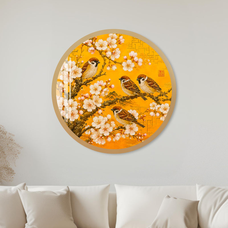 Golden Blossom Sparrows with gold frame