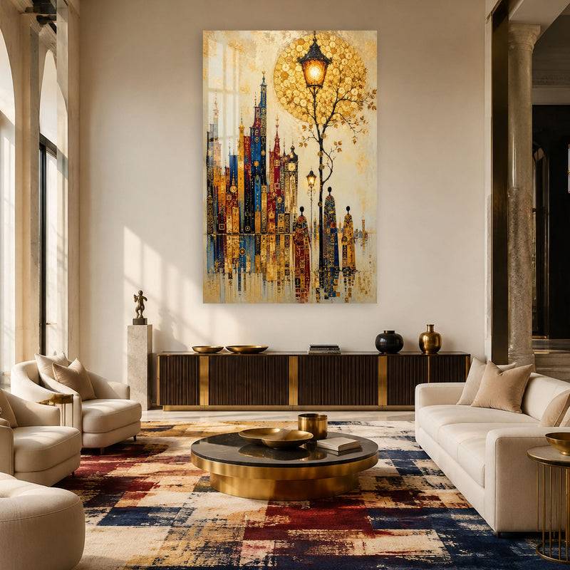 Artronauts Glass Print Golden City Promenade Glass Wall Art