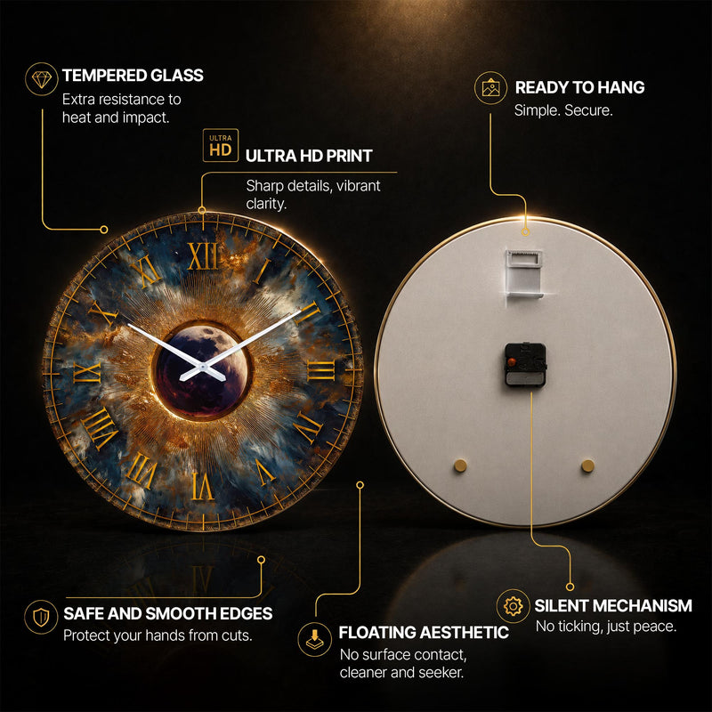 Celestial Golden Eclipse — tempered glass, ultra HD print, ready to hang
