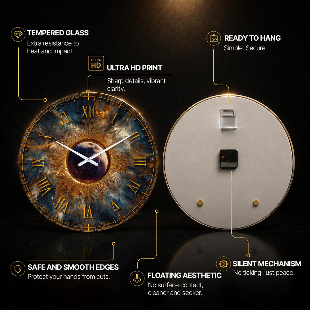 Celestial Golden Eclipse — tempered glass, ultra HD print, ready to hang