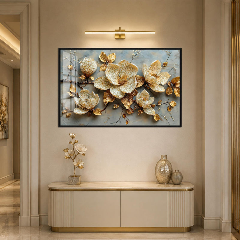 Artronauts Glass Print 18x12 cm | 7.1"x4.7" / Black Jewelled Gold Magnolia Glass Wall Art