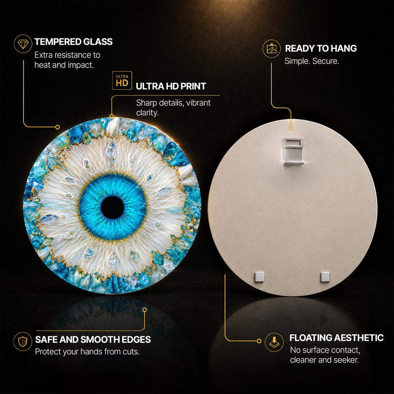 Crystal Azure Eye — tempered glass, ultra HD print, ready to hang