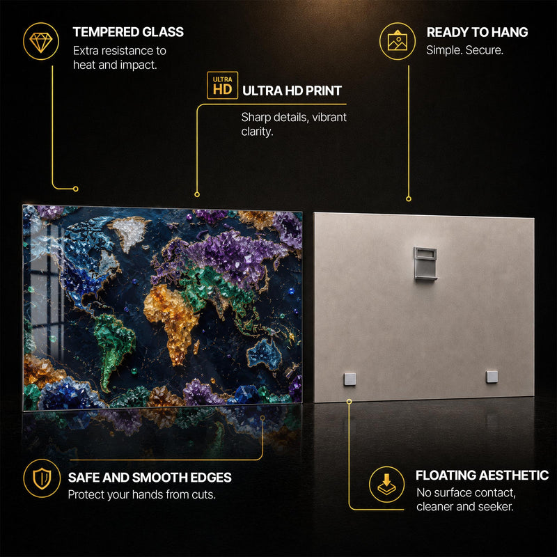 Crystal World Map — tempered glass, ultra HD print, ready to hang