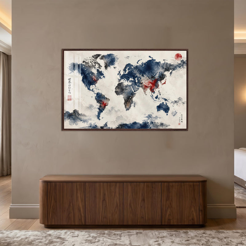Ink Wash World Map with walnut frame