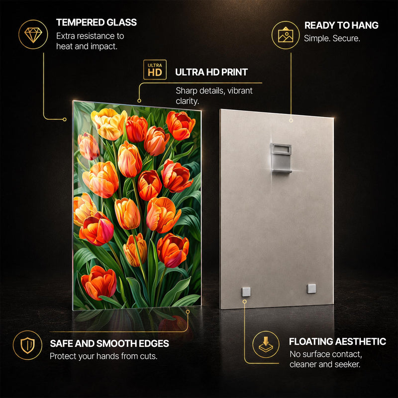 Radiant Tulip Garden — tempered glass, ultra HD print, ready to hang