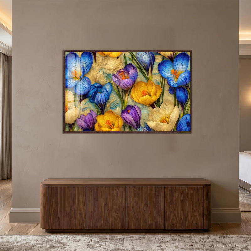 Vibrant Crocus Garden with walnut frame