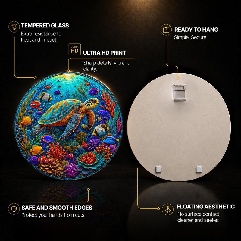 Vibrant Sea Turtle Reef — tempered glass, ultra HD print, ready to hang