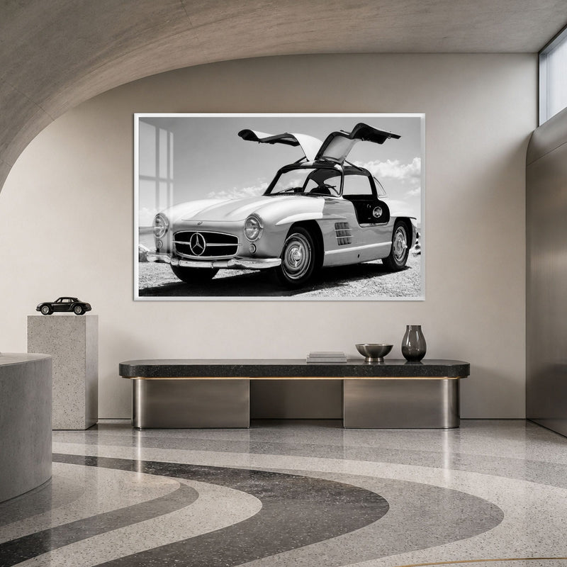 Artronauts Glass Print 18x12 cm | 7.1"x4.7" / White Classic Gullwing Mercedes Glass Wall Art